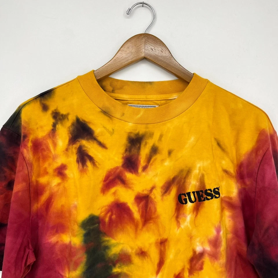 Guess Originals T-Shirt Men's S Yellow Tie-Dye Crew Neck Logo Double Sided Y2K - Image 2 of 4
