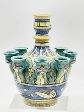 RARE VTG Vessel Handmade Pottery Vase/Holder 9” Allover Fish/Tulip Hand Painted