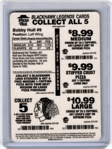 1998 Pizza Hut Blackhawks Legends #NNO Bobby Hull - Picture 2 of 2