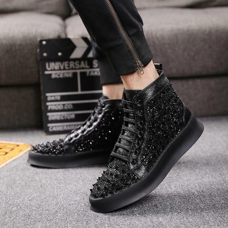 Mens punk Rivet Sequins shiny Lace Up Athletic Studded High Top