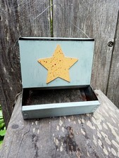 Rustic Metal Bird Feeder With Star Chippy Blue Paint With Rust 7x7x5.5" Vintage