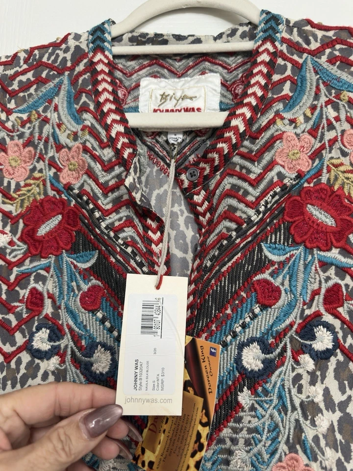 Johnny Was Biya Embroidered Boho Silk Tunic Top Blouse Women's SZ Small Popover - Image 4 of 4