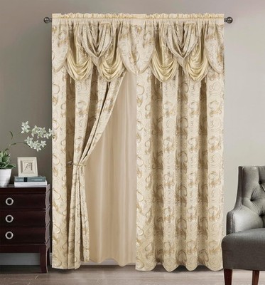 GLORY RUGS Jacquard Luxury Window 2 Panel Set Beige Curtain with Attached Valanc