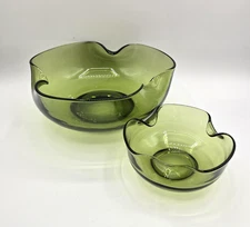 Vintage Anchor Hocking Olive Green Glass Chip and Dip Set 2 Piece MCM Retro