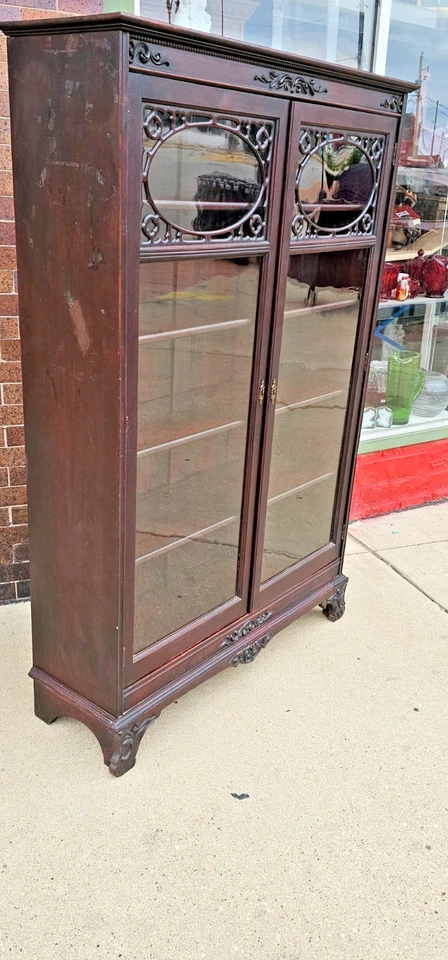 Antiguo gabinete librero victoriano eduardiano gótico caoba doble puerta Foto 3 de 4