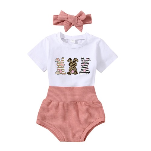Infant Baby Girls Easter Outfits Short Sleeve Rabbit Print Romper Elastic Wai...