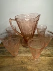 Jeannette Pink "Poinsettia" Depression Glass Pitcher & 6 Glasses Mint Vintage