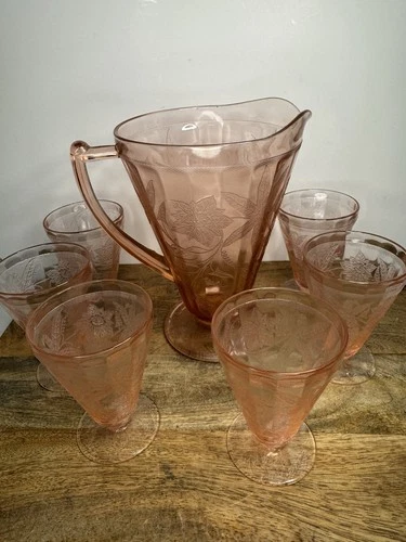 Jeannette Pink "Poinsettia" Depression Glass Pitcher & 6 Glasses Mint Vintage