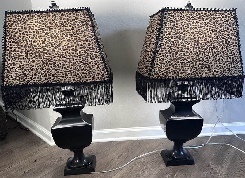 Set of 2 Black Table Lamps Leopard Print Fringe Square Shades, Corded Switch