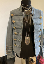 Free People Womens Blue Military Jacket, Gold...