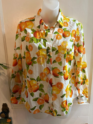 Talbots Womens Petite PS White Orange Fruit Woven Collared Button-Up Blouse