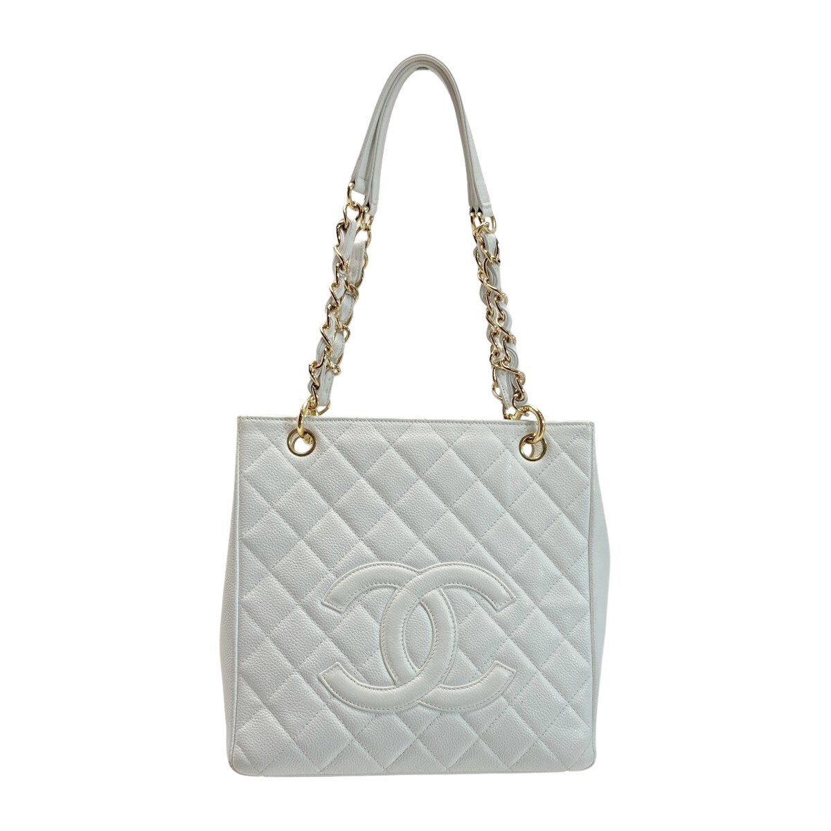 CHANEL Coco Mark Matelassé Chain Tote in White Caviar Leather with Gold Hardware A50994