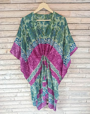 Crepe Dress Tunic Kaftan Midi Caftan Woman Cover Up Printed Green KFNM1305