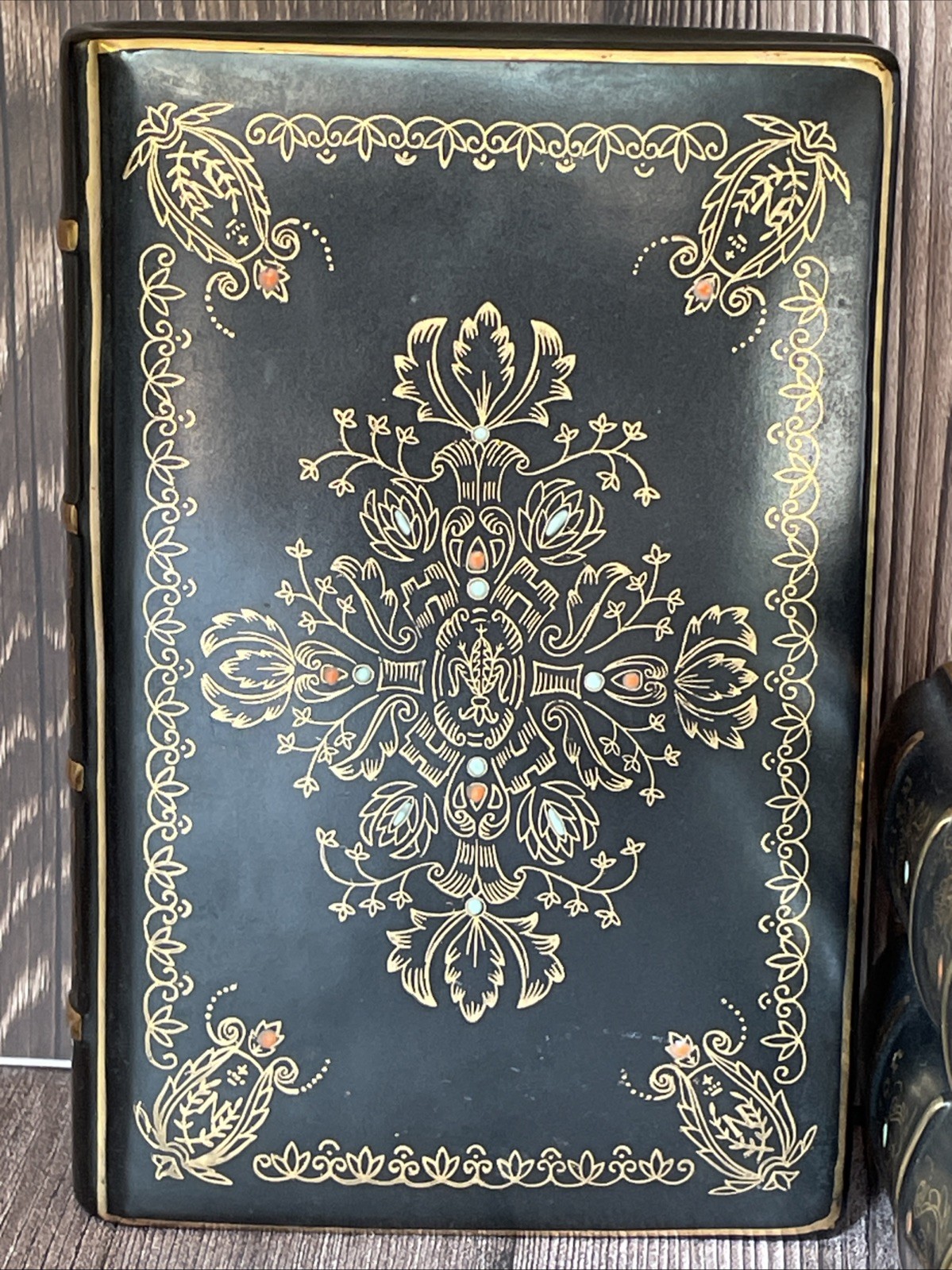 Decorative Book Shaped Ceramic Storage Trinket Box Black & Gold 7685