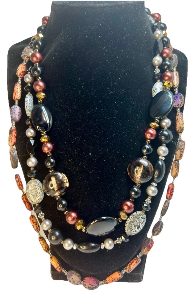 Лот из 3 - различные сделанные ожерелья бисер и камни подвески тона земли винтажный - Изображение 4 из 4