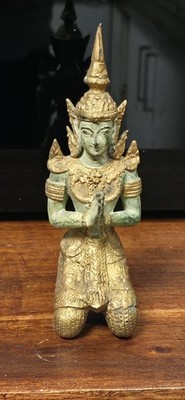 Vintage Thai Bronze Thepphanom Temple Guardian Statue Gilt Kneeling Deva 17.5cm
