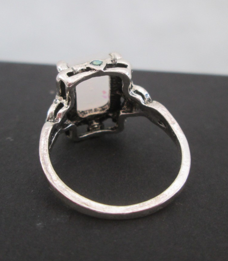 Vintage Opal Inlaid Ring Rectangular Silver Tone … - image 4