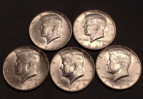 Lot of (5) UNC 1964-D Kennedy 90% Silver Half Dollars