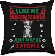 I like My Boston Terrier Dog Lovers Ugly Christmas Sweater Throw Pillow
