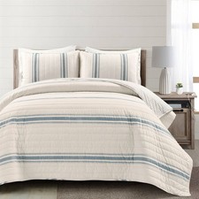 Blue Off White Cream Stripe Cotton Quilt California King Reversible 3 Piece