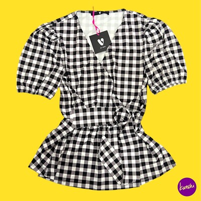 V BY VERY Women's Belted Wrap Top, Puff Sleeve, Gingham, Black/White, UK 12