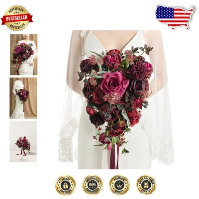 Stunning Burgundy Wedding Bouquet for Brides: 13 Inch Silk Cascade Flower