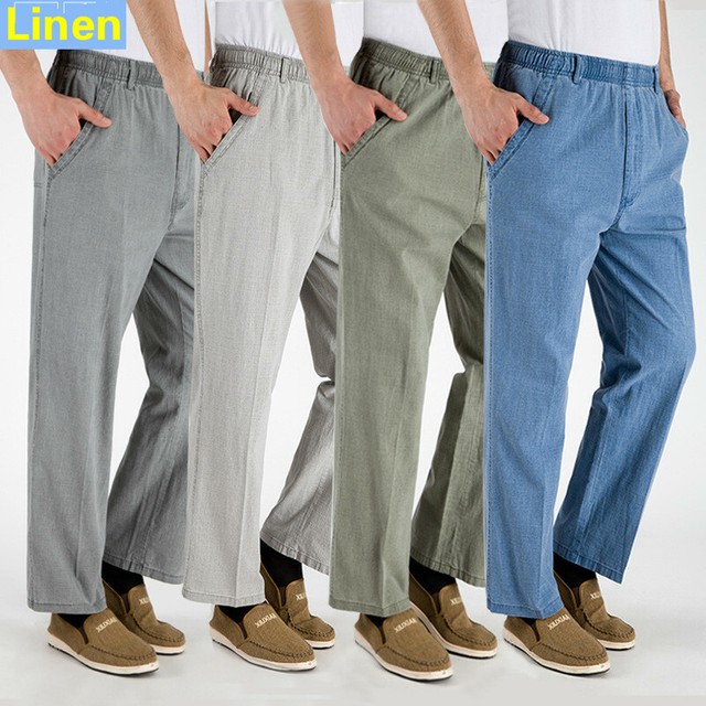 Mens Linen Breathable Straight Leg Elasticated Waist Pants Long