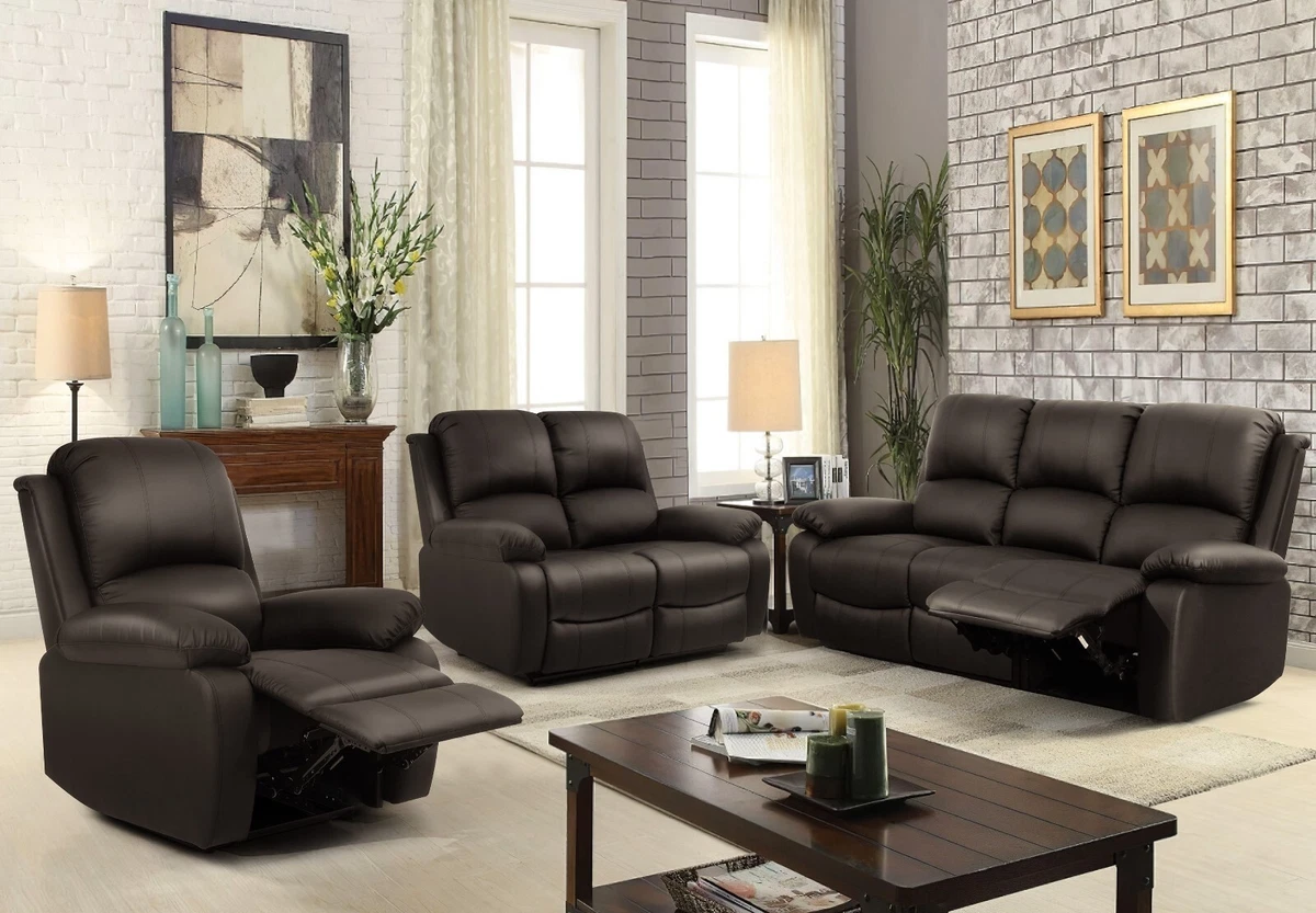 Reclining Luxury Leather Sofa Set In