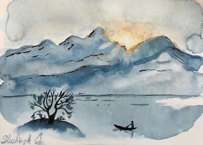 Lake Painting Sunris Watercolor Original Art Boat Artwork Landscape Wall Art