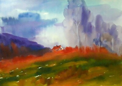 Watercolor Painting House In The Forest Serdyuk B. Unframed Original nSerb664