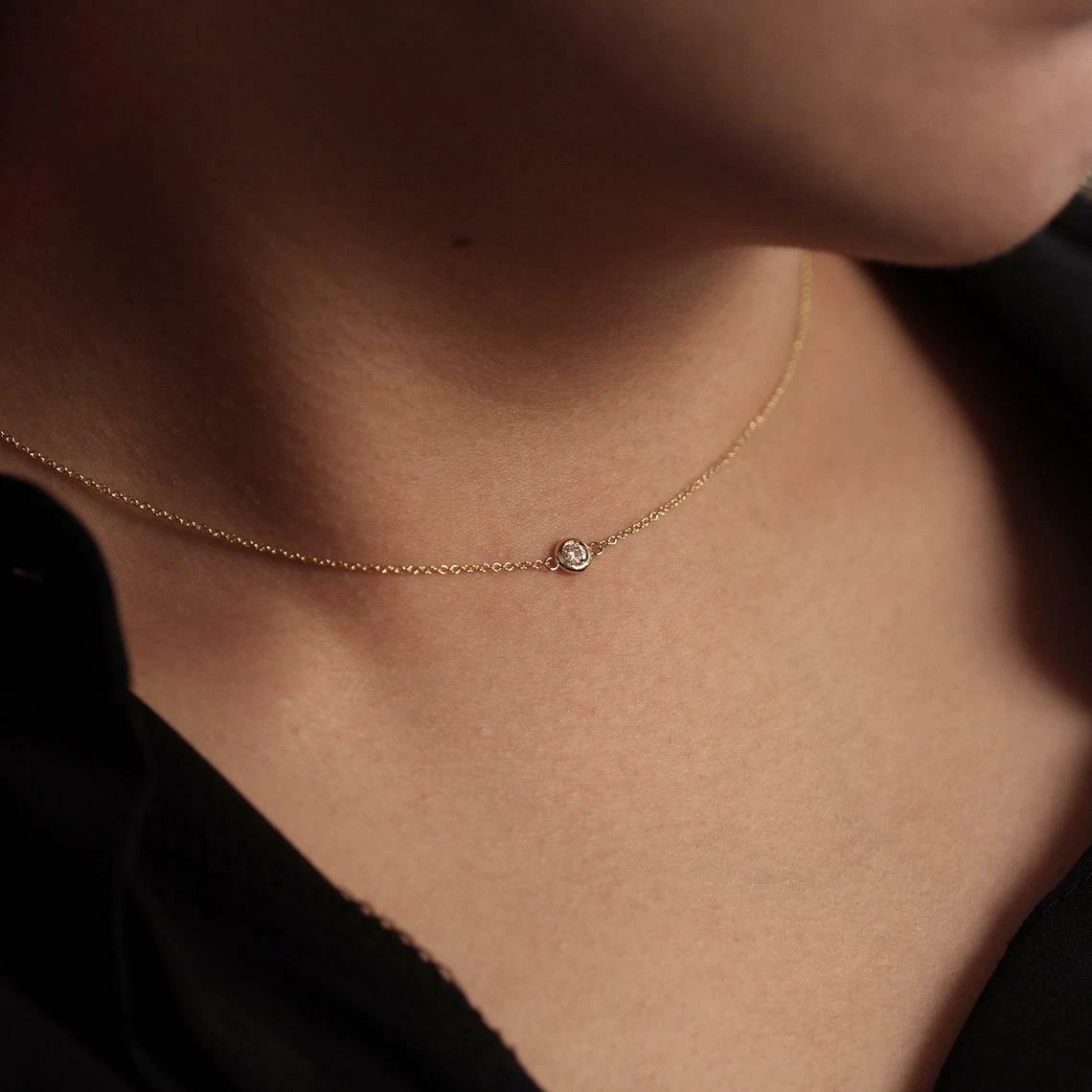 Bezel Natural Diamond Choker Necklace 14K Solid Gold Layering