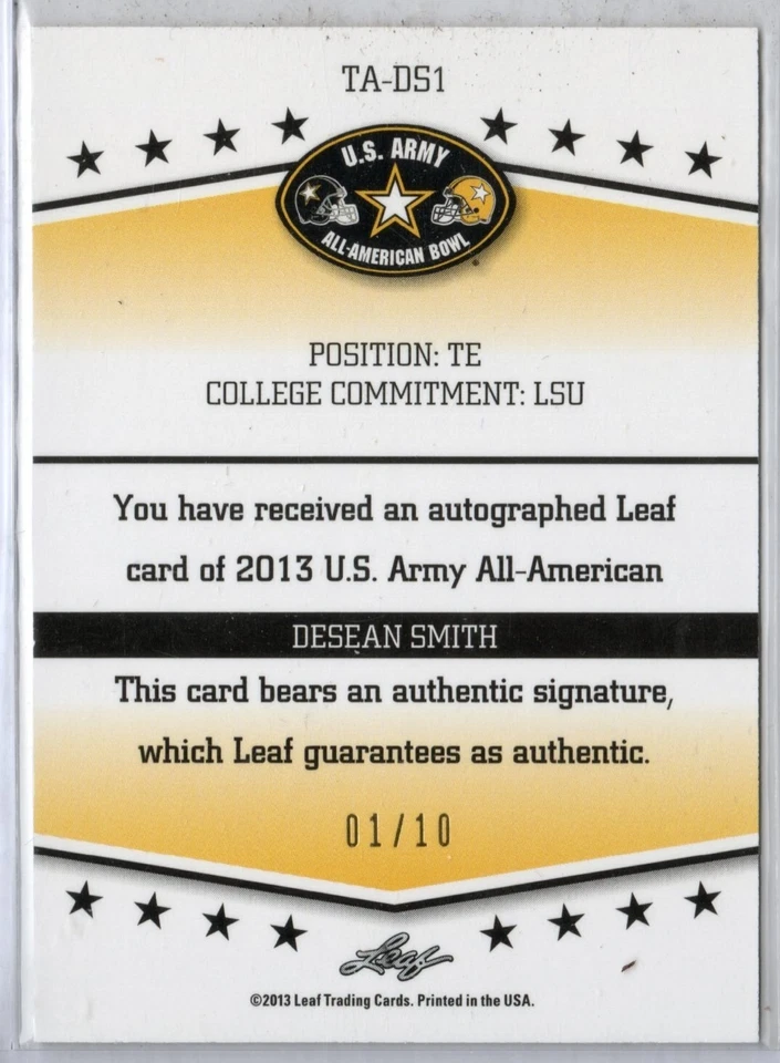 2013 DESEAN SMITH Leaf Army All-American Bowl Tour Autographs RED Ink /10 - Image 2 of 2