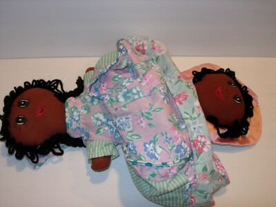 VINTAGE Folk Art Topsy Turvy FABRIC Cloth Rag Doll 17'' dark skin painted FACE 