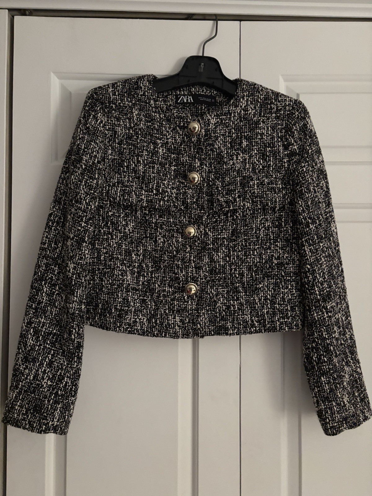 Zara Basic Cropped Tweed Jacket Blazer Rhinestone… - image 1