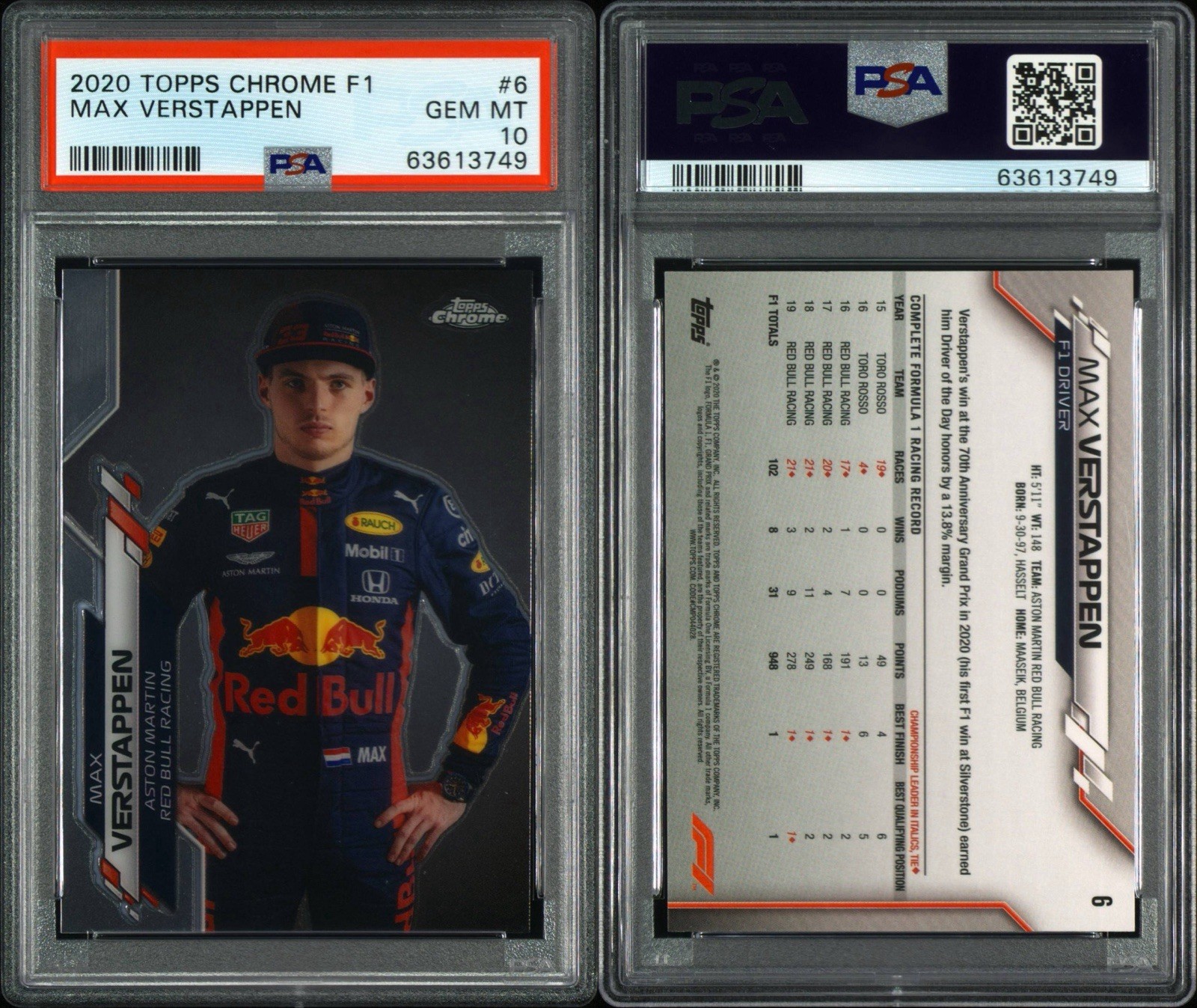 2020 Topps Chrome F1 Max Verstappen #6 PSA 10 GEM MINT Red Bull view 3