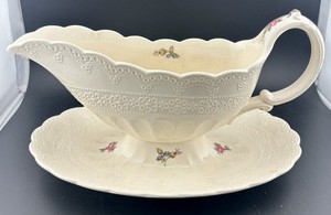 Spode Billingsley Rose Gravy Boat with Attached Underplate Older Stamp