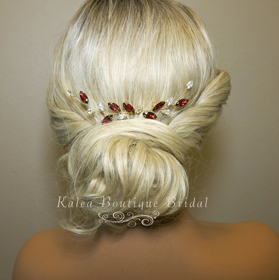 Elegant Simple Bridal Hair Comb in Blue, Wine Red or AB Rhinestone Crystals - Image 2 of 4