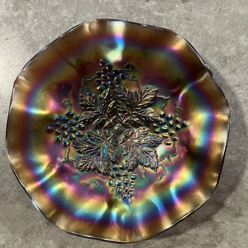 Northwood GRAPE LEAVES w Stippled Blossoms & Palms Green Carnival Glass 9" Bowl!