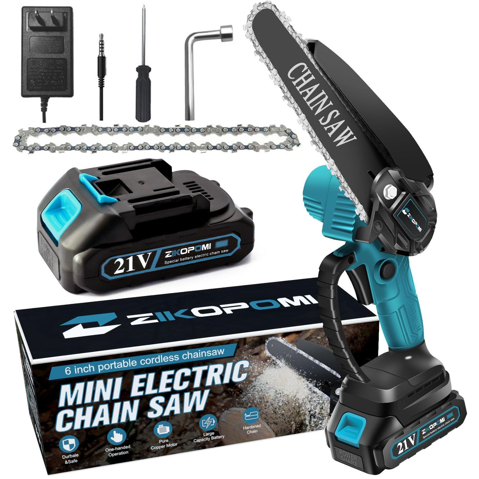 БЕСПРОВОДНАЯ ЭЛЕКТРИЧЕСКАЯ МИНИ-БЕНЗОПИЛА ZIKOPOMI 6 ДЛЯ РУЧНОЙ ОБРЕЗКИ ДЕРЕВЬЕВ НА БАТАРЕЙКАХ - СИНИЙ