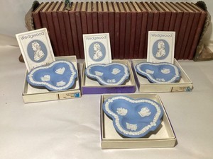 FOUR Vintage Wedgwood Jasperware Blue Trinket Dish Club Trays W/Boxes, NOS!