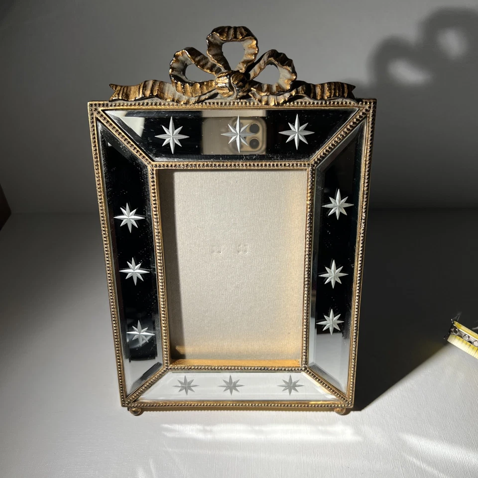 Vintage Gold Mirror Frame with Ribbon Bow and Etched Stars - Image 2 of 4