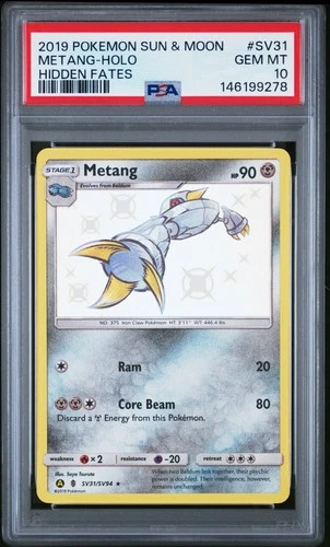 2019 POKEMON SUN & MOON HIDDEN FATES #SV31 METANG-HOLO PSA 10