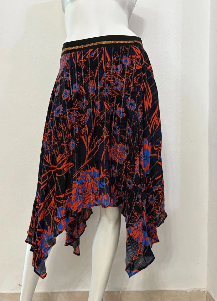DESIGUAL Gonna nera blu asimmetrica fantasia floreale arancione lurex Tg M - Immagine 3 di 4