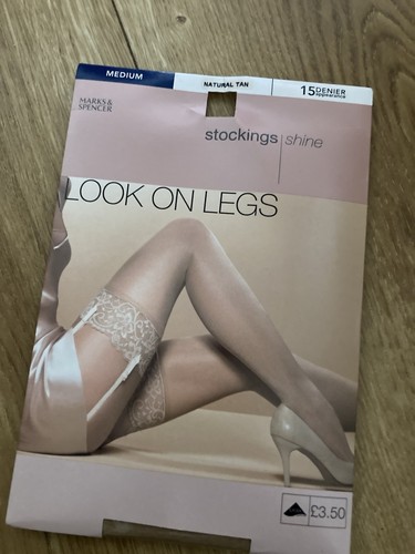 M&S Look On Legs Shine Stockings 15 Denier Natural Tan Medium Lace Top