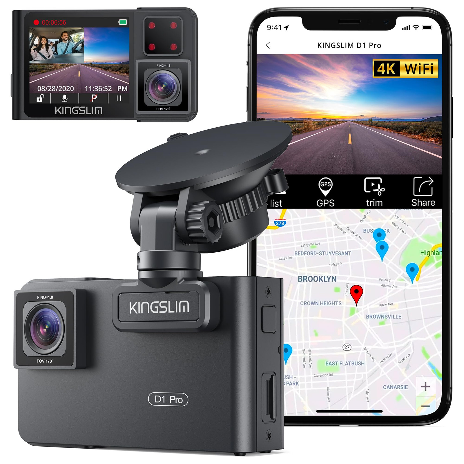 D1 Pro 4K Dual Dash Cam with GPS WiFi Front and Interior Recording