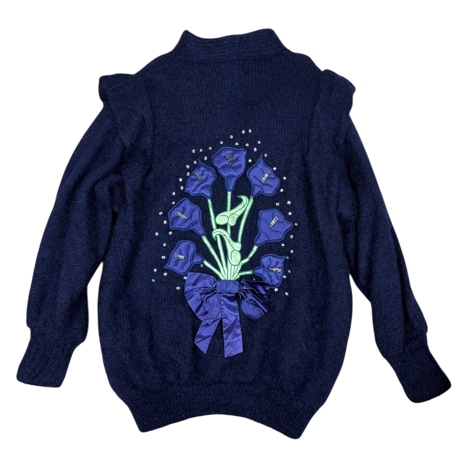Vintage 80's Mohair Cardigan L Blue Fluffy Oversized Lined Embellished Flower image 3