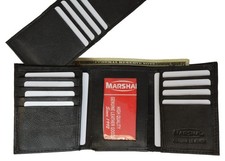 Genuine Leather Black Tri-Fold Wallet 9 Card Slots 1 Id Window for Men 1455