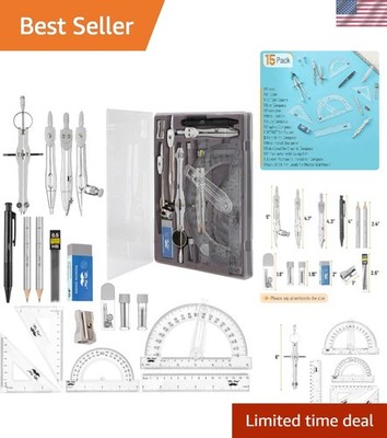 Geometry Set, 15 pcs, Light Grey, 6 Inch Swing Arm Protractor, Divider, Set S...
