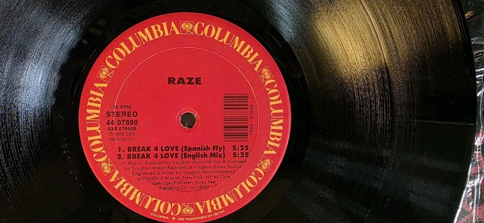 Raze ‎/ Break 4 Love / Columbia/ 12" Vinyl Single (4 Versions) / 1988 / VG +/VG+ - Image 4 of 4
