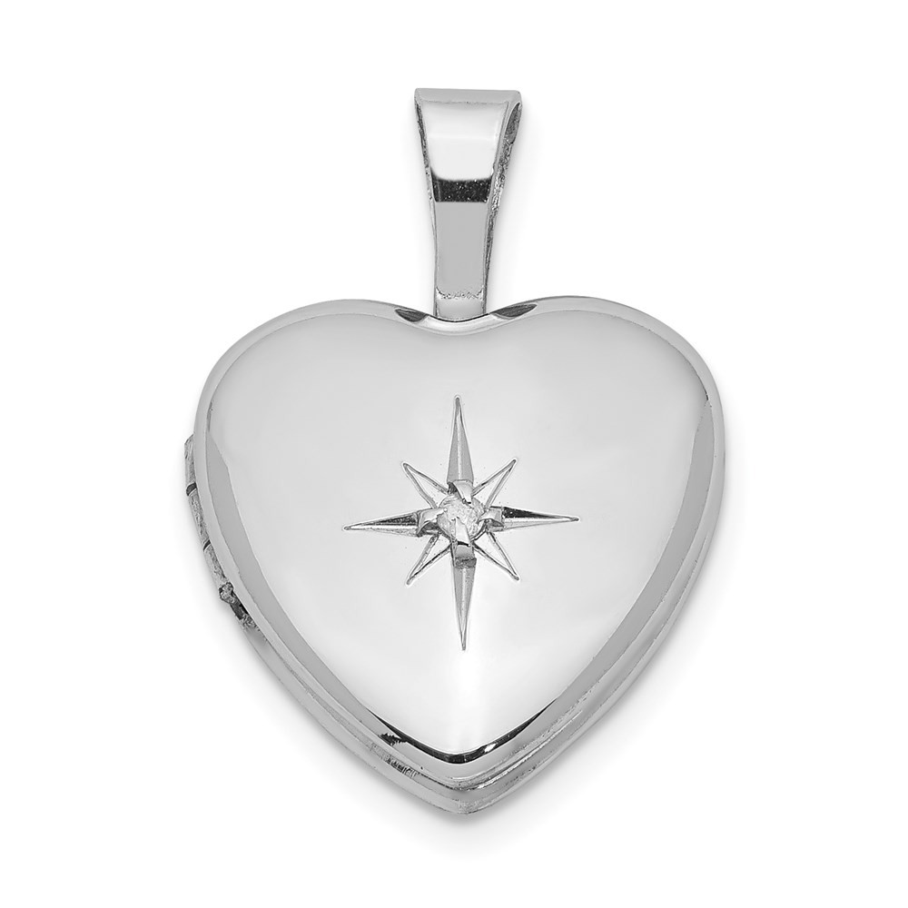 Sterling Silver Rhodium Diamond Star Heart Locket Pendant 12mm